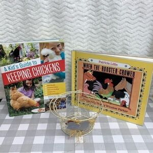 Lot of 3 Chicken Themed Kids Items 2 Books & Wire Basket